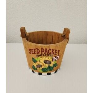 Wooden bucket basket rope handle planter Sunflower painted seed packet used